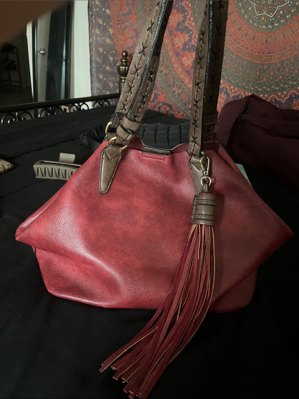 Red Leather Tassel Satchel Handbag